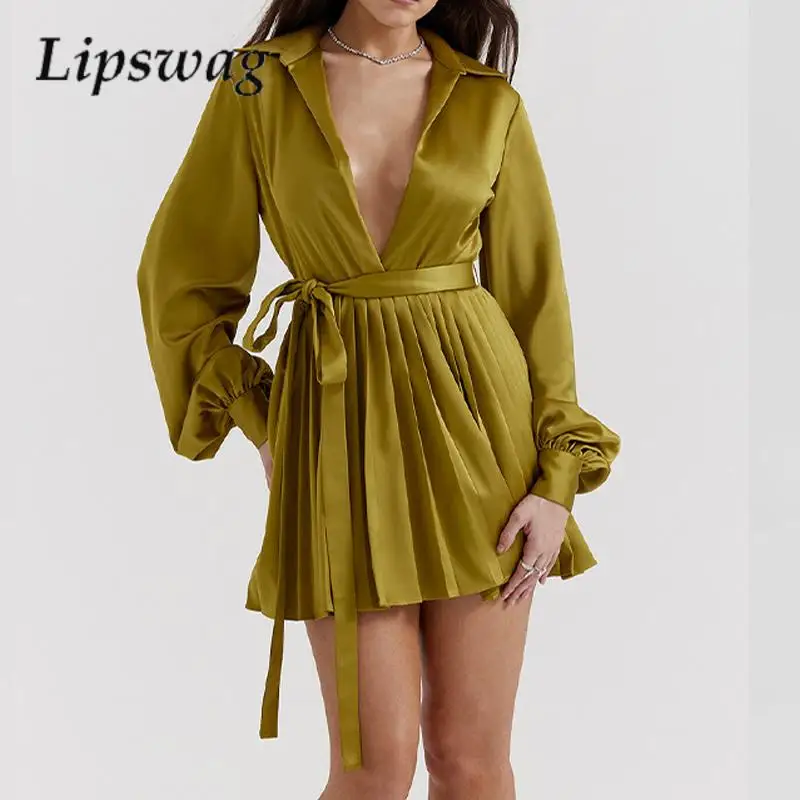 

New Fashion High Temperament Lapel Satin Dress Chic Strap Lantern Sleeve Pleated Dress 2024 Spring Solid Color Dark V-Neck Dress