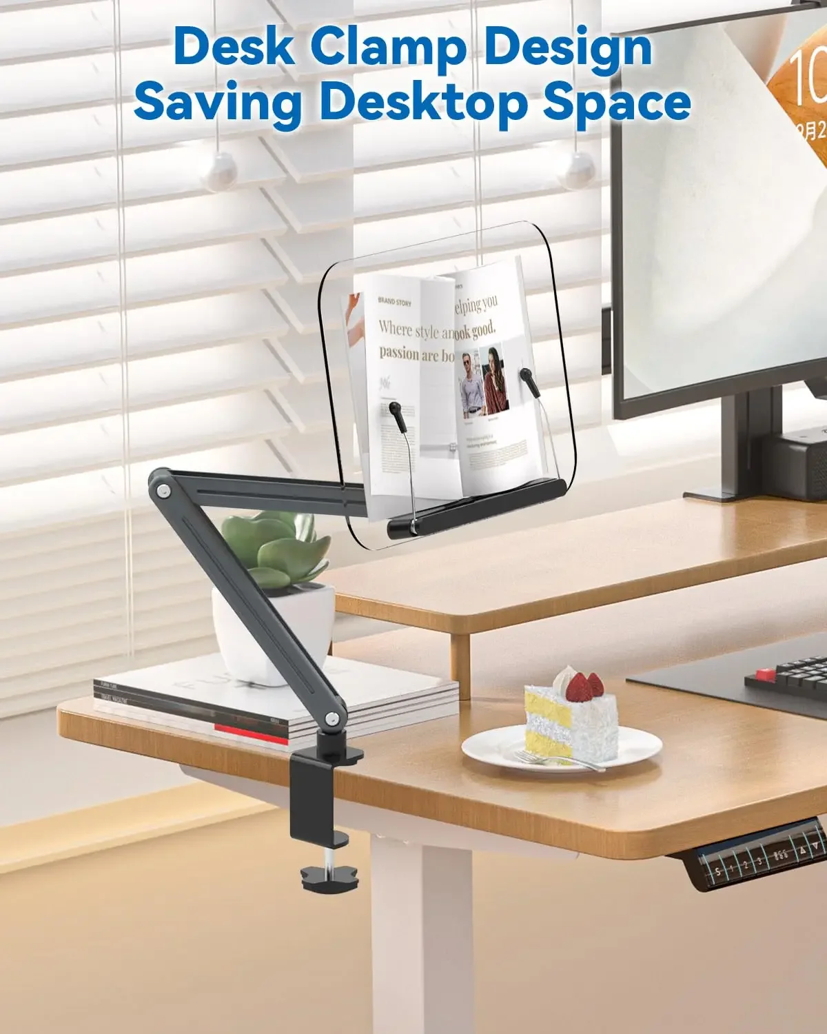 Book Stand Holder Desk Clamp Acrylic Book Stand for Reading, Adjustable Height Up To 20 Inches, Suitable for Recipe, Tablet