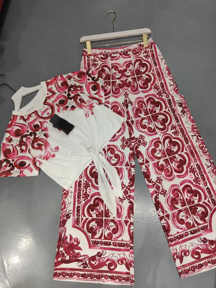 

Retro spring and summer new blue and white porcelain short T-shirt top+high waist wide leg trousers two-piece fashion suit