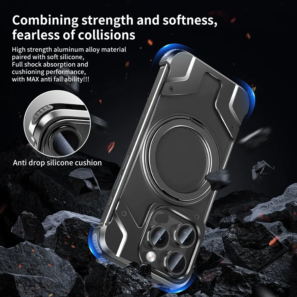 All Metal Alloy 360 ° Rotating Holder Phone Case For iPhone 13 14 15 Pro Max Air Bag Anti Drop Magnetic Wireless Charging Covers