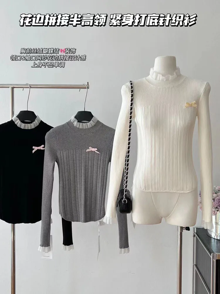 

Fashion Simple Bow Pullover New Design Korean Office Lady Casual Ruffled Collar Knitted Pullovers Slim Sweaters Autumn Winter