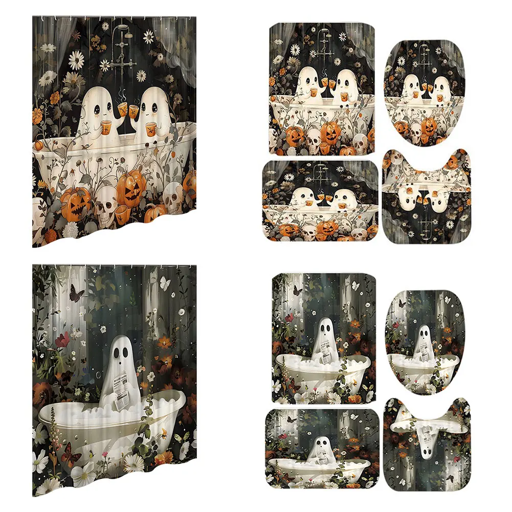 Cute Cartoon Ghost Halloween Shower Curtain Washable Halloween Bathroom Curtain with Hooks Bathtub Curtain for Bathroom Decor