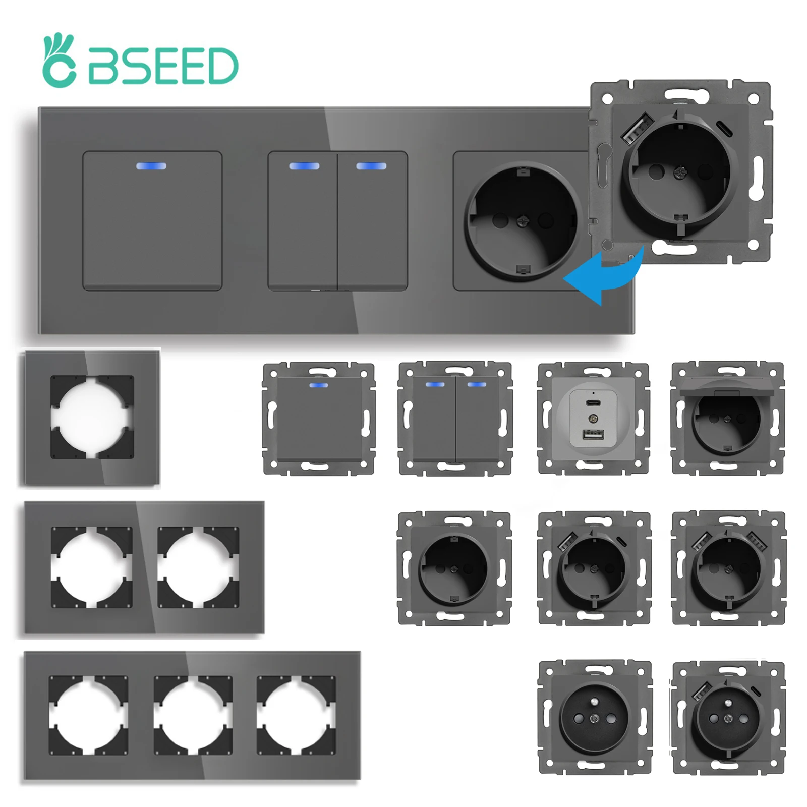 BSEED-1-2Gang-1-2Way-Wall-Button-Switch-Part-Wall-EU-Socket-Module-Part ...