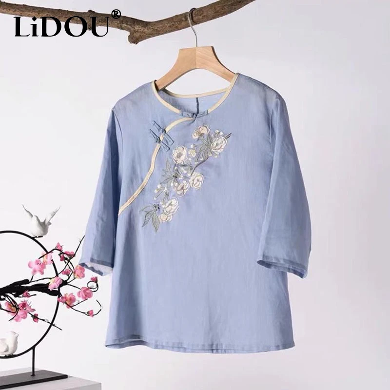 

2023 Spring Summer New Chinese Style Cotton Hemp Round Neck Three Quarter Shirt Women Vintage Elegant Embroidered Pullovers