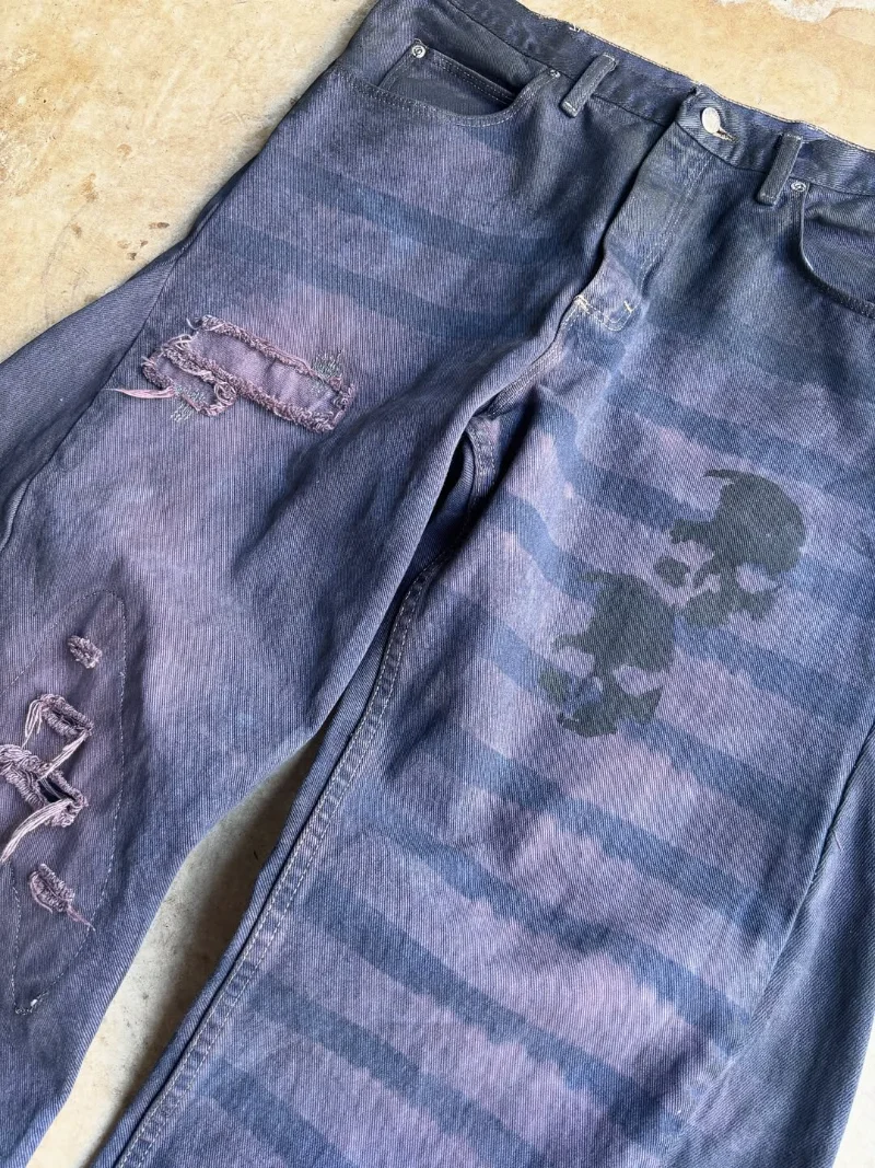 Striped Tie-Dye Denim Pants Skull Print Ripped Distressed Detail Frayed Hem Vintage Washed Streetwear Casual Men Jeans