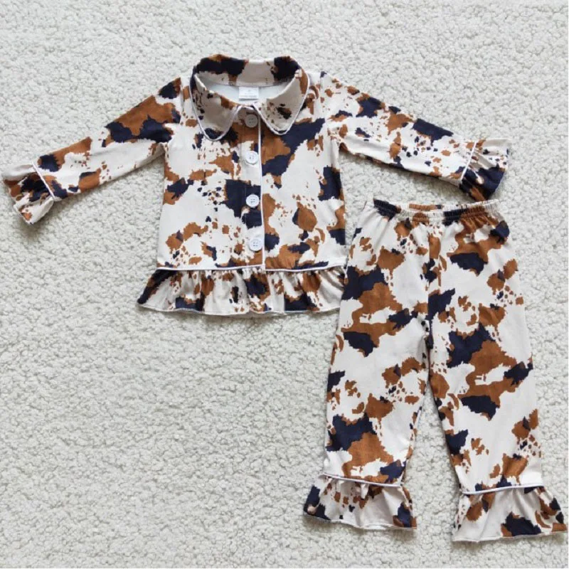 

New spring fashion Girls Cow Pattern Long Sleeve Pajama Set Wholesale Boutique Baby Girls Children Clothing Outfits