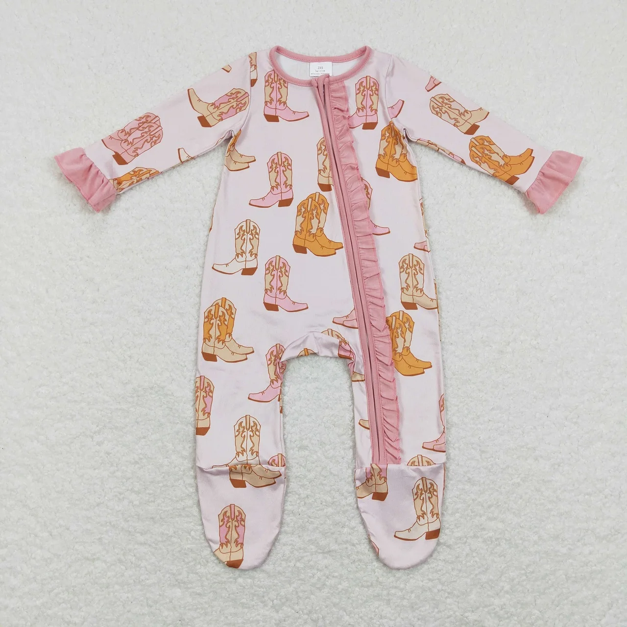 Wholesale Western Boots Kids One-piece Newborn Coverall Bodysuit Zipper Long Sleeves Jumpsuit Toddler Baby Girl Footie Romper