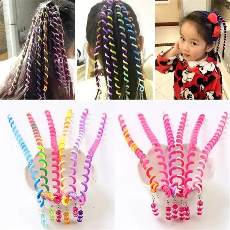 6pcs/lot Rainbow Color Cute Girls Magic Curler Spiral Headbands Roller Curl Hair Rope Braid Sticker Girls' Decor Accessories