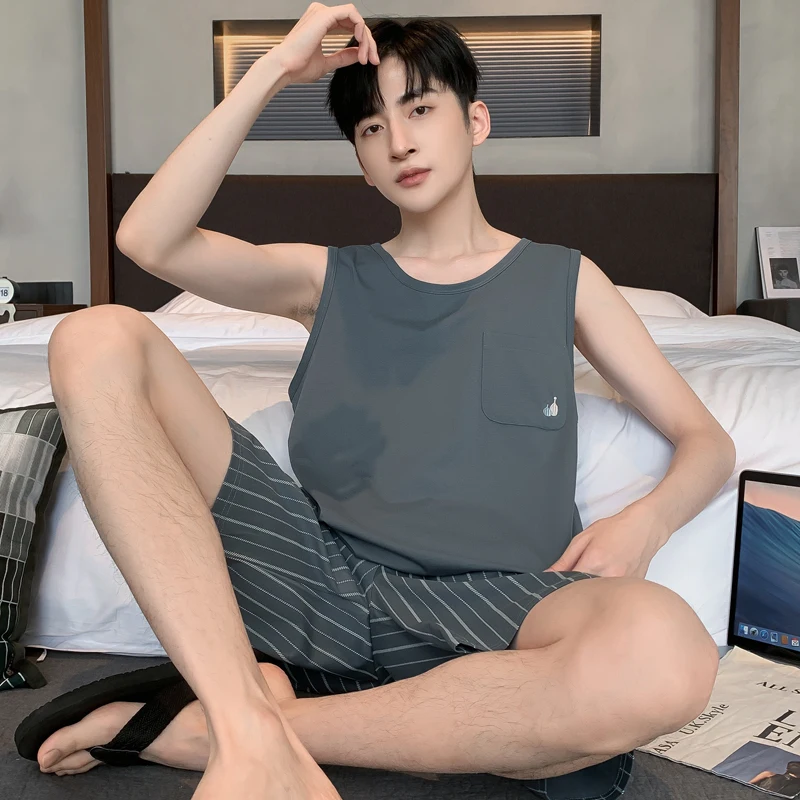 Big Size L-4XL Cotton Nightwear Men Pajamas Set Sleeveless Nightwear Summer O Neck Shorts Homewear pijama hombre