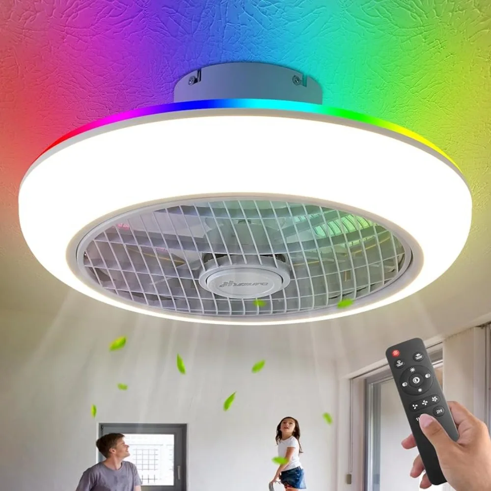 

Mini Portable Fan 7-Color RGB Adjustable Enclosed Low Profile Ceiling Fan With Light for Bedroom Nursery Room Kitchen Turbo Jet