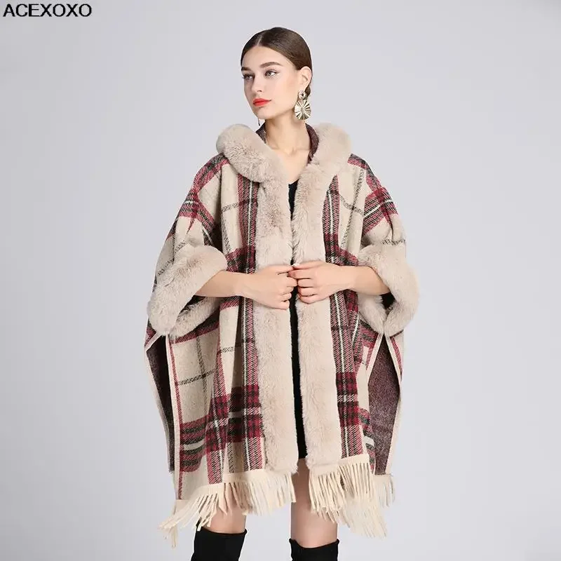 

2023 new winter imitation rabbit hair collar hooded cape and ms cape cardigan overcoat large size