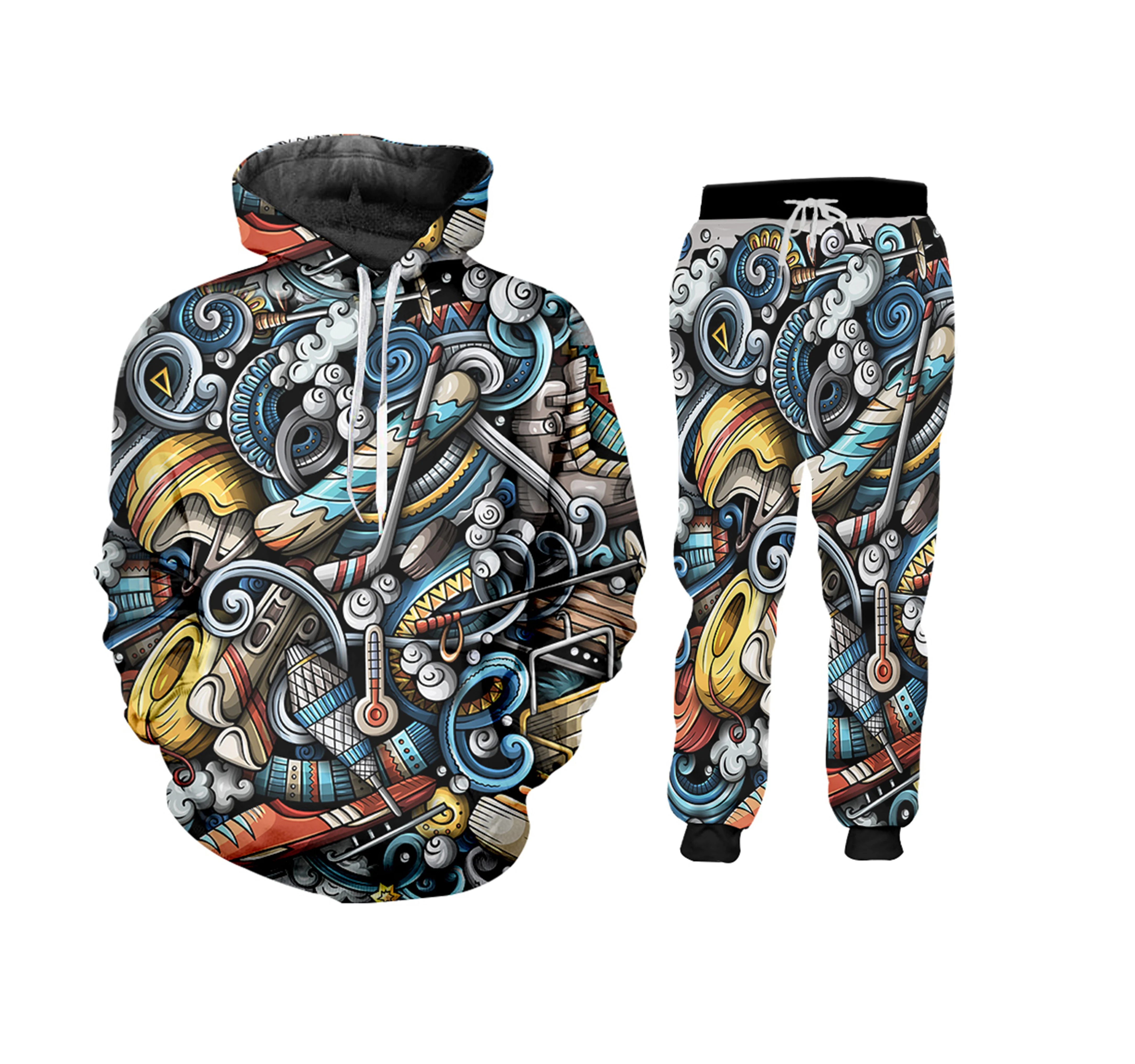 Streetwear 2 Pcs Sets Men Multi-element Graffiti Men's Short sleeve 3D Printed Hip Hop Casual Street Art style Hoodies And Pants