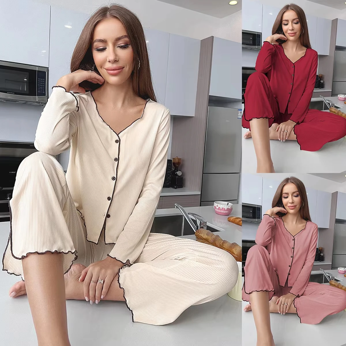 Autumn Winter Women Solid Color Pajama Set Casual Loungewear Long Sleeve  Leg Pants 2 Piece Outfit Comfortable Homewear New Hot