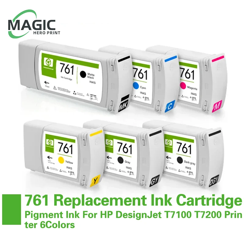 

For HP 761 Compatible Replacement Ink Cartridge Full With Pigment Ink For HP DesignJet T7100 T7200 Printer 6Colors