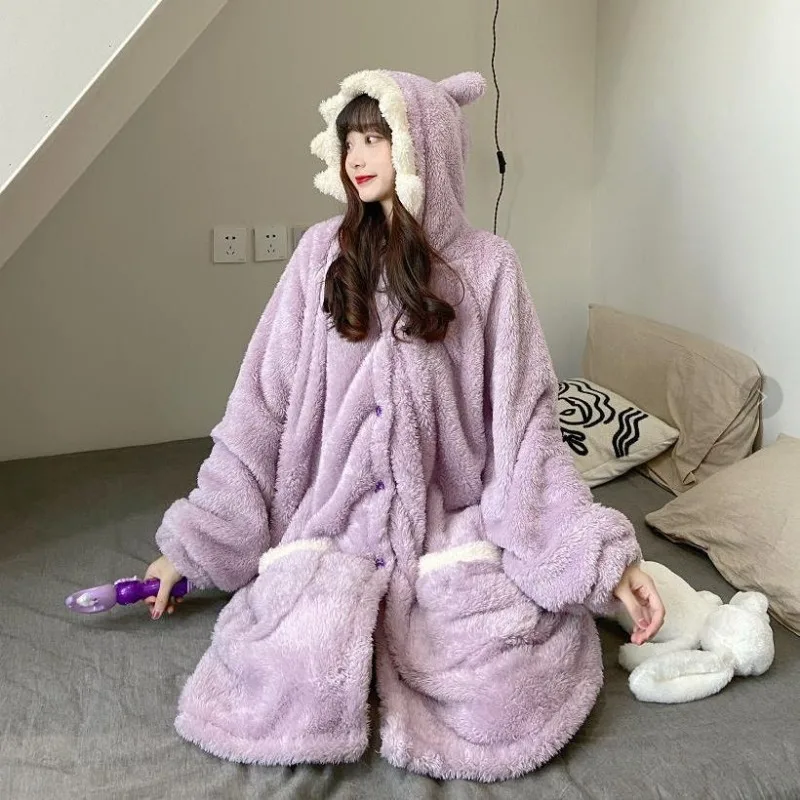 Shark Robe for Women Sleepwear Nightdress Winter Night Wears Warm Fleece Pajama One Piece Nightgown Button Long Sleeve Homewear women sleepwear sleepwear pajamas