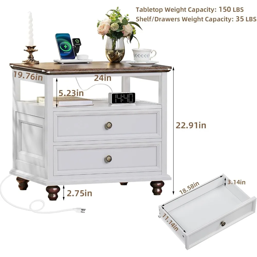 Nightstand Set of 2 with Charging Station, 24" Wide End Table with 2 Drawers, Dresser for Bedroom, Nightstands 3