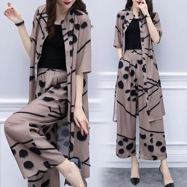 Vintage Fashion Female Single-breasted Cardigan Top Half Sleeve Printed Two Piece Set Casual Wide Leg Pants Sets Womens Clothing 2