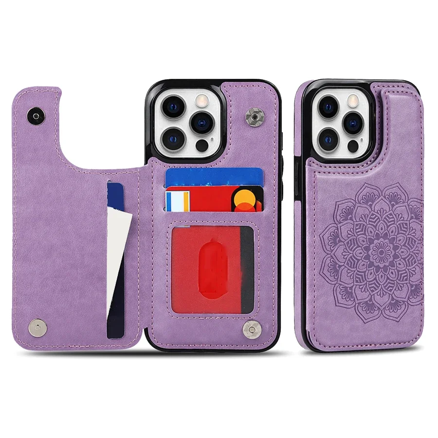 Elegant Datura Double Buckle Leather Wallet Case with Card Slots and Magnetic Flip Closure