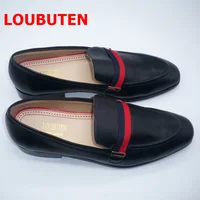 LOUBUTEN Luxury Fashion Italian Black Genuine Leather Loafers Handmade Men Dress Shoes Slip On Party Wedding Shoes 2