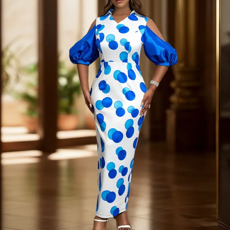 

Polka Dot Printed African Dresses For Women Evening Party Gown Puff Sleeve Elegant Fashion Long Dress Plus Size Africa Clothing