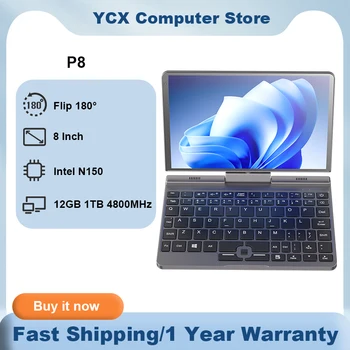 P8 Flip 180 Laptop Intel N150 Core 8 Inch LPDDR5 12GB 1TB 4800MHz Windows 11 Pro AX WiFi 6 BT5.2 RJ45 LAN 12th Gen Mini Laptop