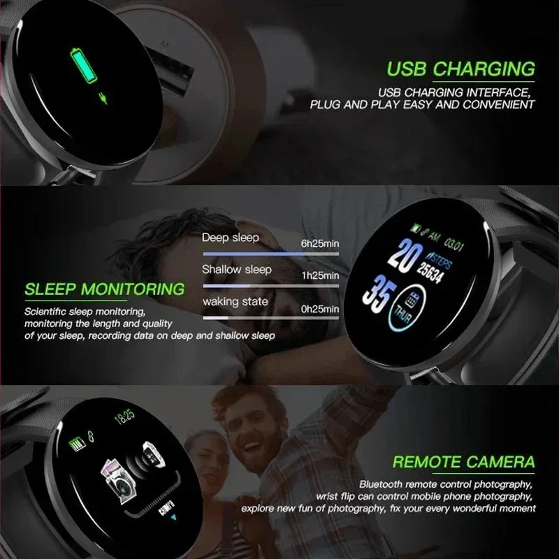 D18 Smart Watch Schermo a colori circolare Modalità sportive multiple Informazioni sulle chiamate Promemoria Foto per prendere musica Bracciale intelligente regalo - immagine 2