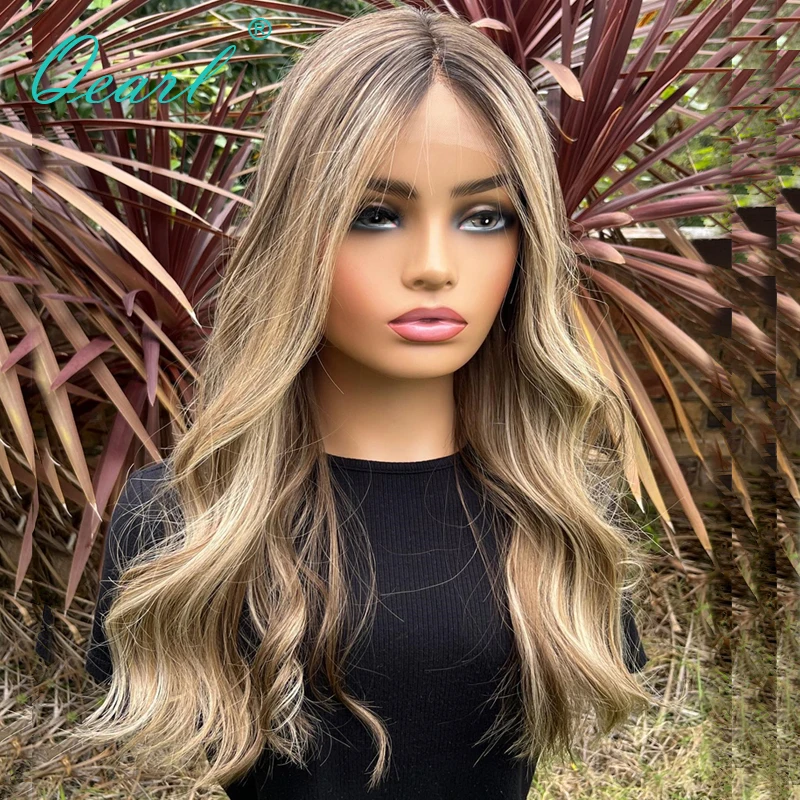 Ash Brown Wig Honey Blonde Highlights 360 Lace Frontal Wigs 28 inch Long Full Lace Wig Loose Wavy Brazilian Human Hair Wig Qearl