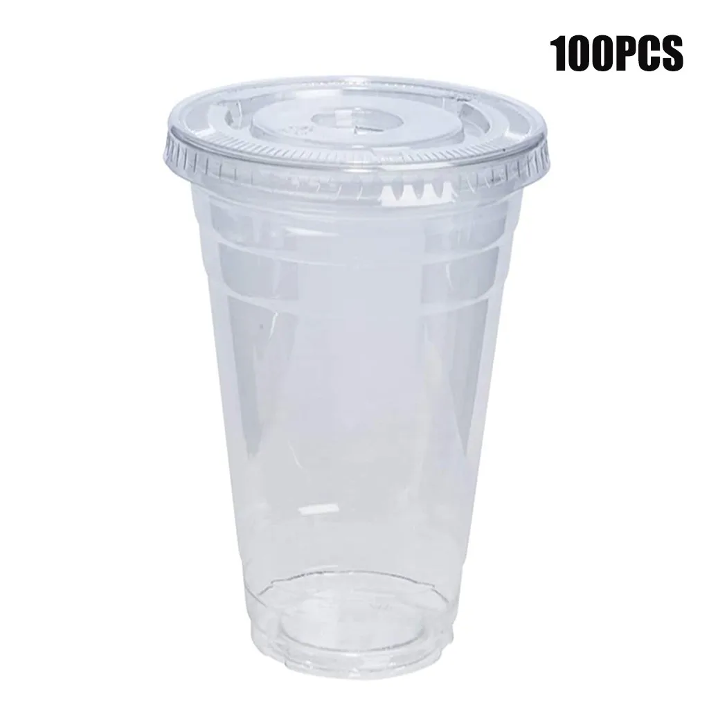 100 Sets Disposable Cup With Dome Lid Plastic Iced Cold Drink Coffee Tea  Smoothie Transparent Non-slip Home Portable Accessories