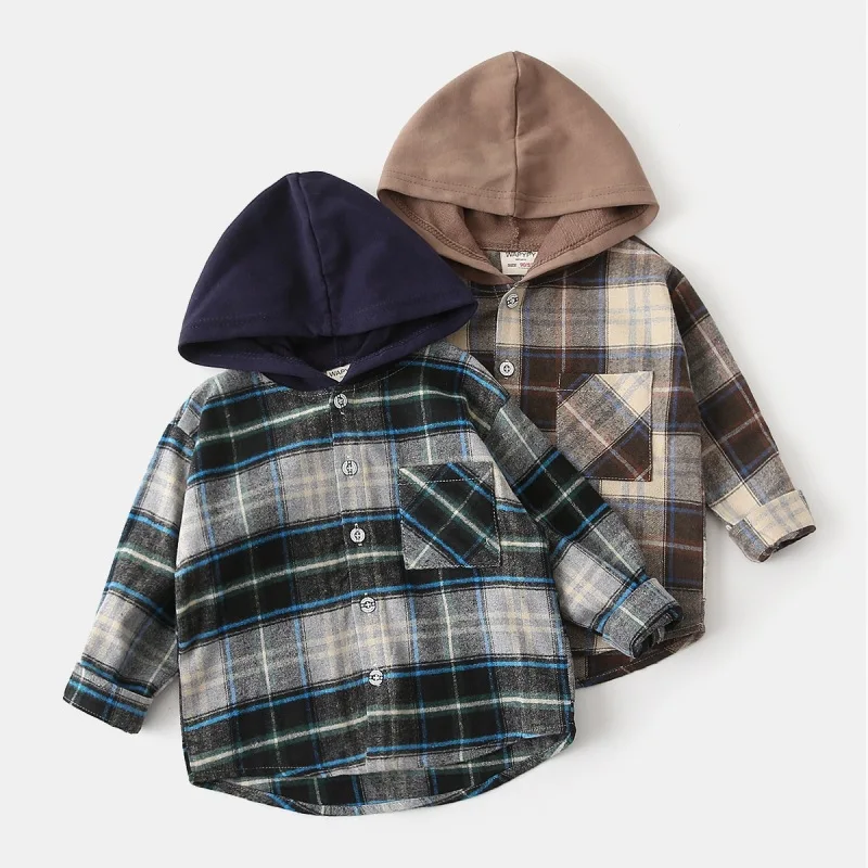 Autumn children's clothing long-sleeved shirts boys' hooded plaid shirts baby tops kids costumes