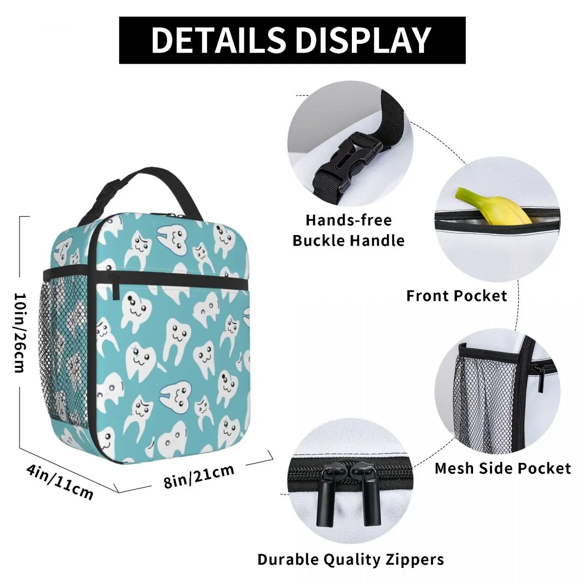 Funny Dental White Tooth Pattern Insulated Lunch Bags Dentist Teeth Portable Thermal Cooler Food Lunch Box Kids School Children