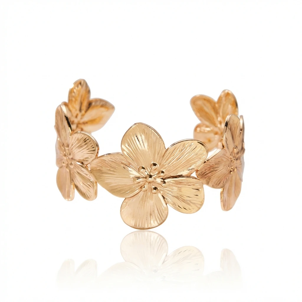 Französischer Vintage-Stil Goldfarbenes Blumen-Armreif für Frauen Strukturierter Großer Blumen-Offener Armreif Eleganter Hochzeits-Party-Schmuck – Detail 6