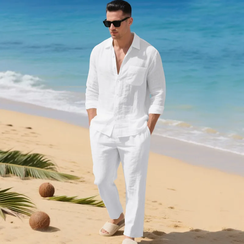 Men's Autumn Loose Trend Linen Solid Color Simple Lapel Long-Sleeved Shirt Beach Trousers Set