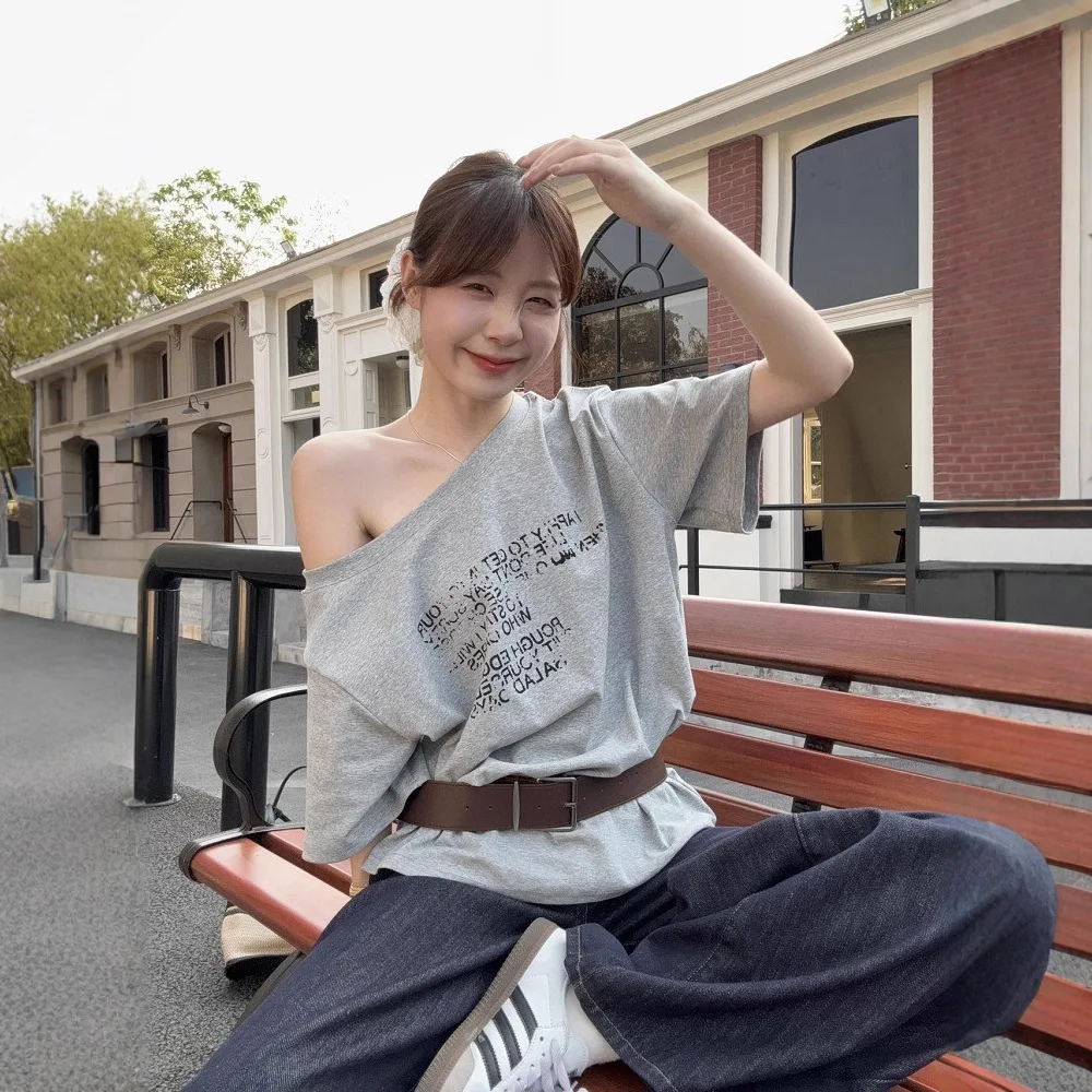 Women Black Gray Loose Fit O Neck Short Sleeve Tee Tops