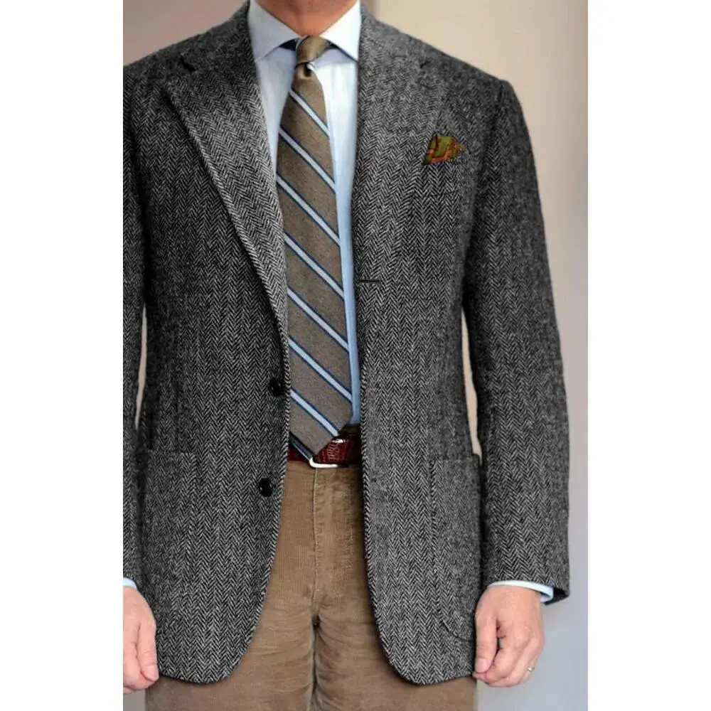 Men's Suit Grey Blazer Prom Groom Tuxedos Herringbone Wool Tweed Single Breasted Formal Bussiness Jacket for Wedding（Only Coat）