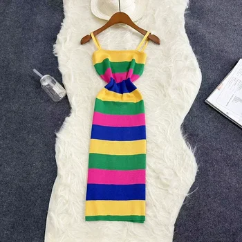 2024 nuova estate Raibow abiti senza spalline lavorati a maglia da donna maglieria guaina elegante aderente avvolgente rosso vestito Sexy femminile 1