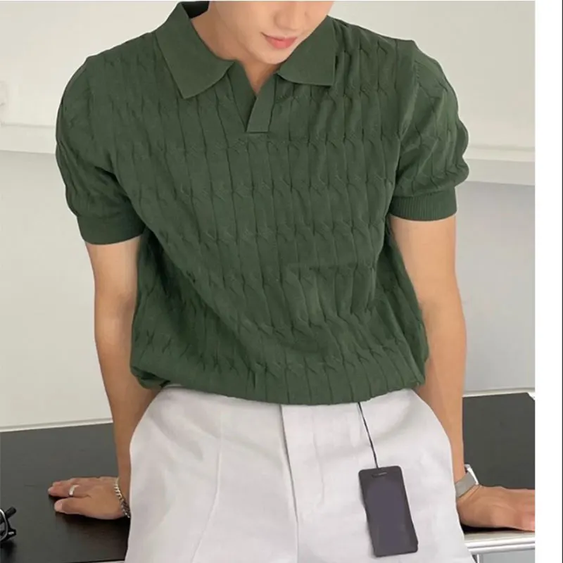 

Men Polo Shirts Summer Solid Stripe Fitness Short Sleeve T-shirt Fashion Stand Collar Business Blouses Korean Luxury Clothing