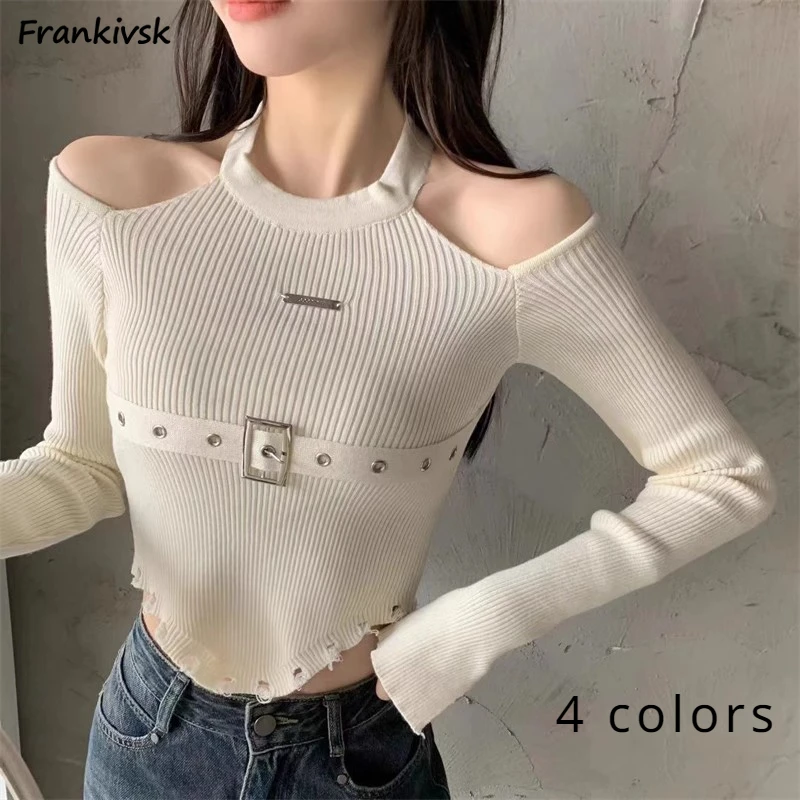 

Hotsweet Sweaters Women Halter Off Shoulder Spring Autumn European Style Retro Frayed Asymmetrical Sexy Solid Knitwear Daily