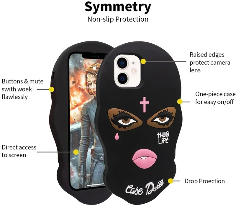 جراب هاتف قناع وجه نسائي أسود من السيليكون ، كرتون...