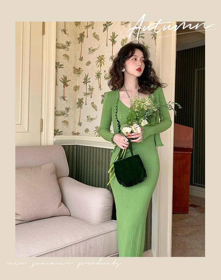 Vintage Chic Knitted 2-piece Dress Set Women Crop Cardigan V-neck Spaghetti Strap Bodycon Midi Dress Autumn New Female Clothing