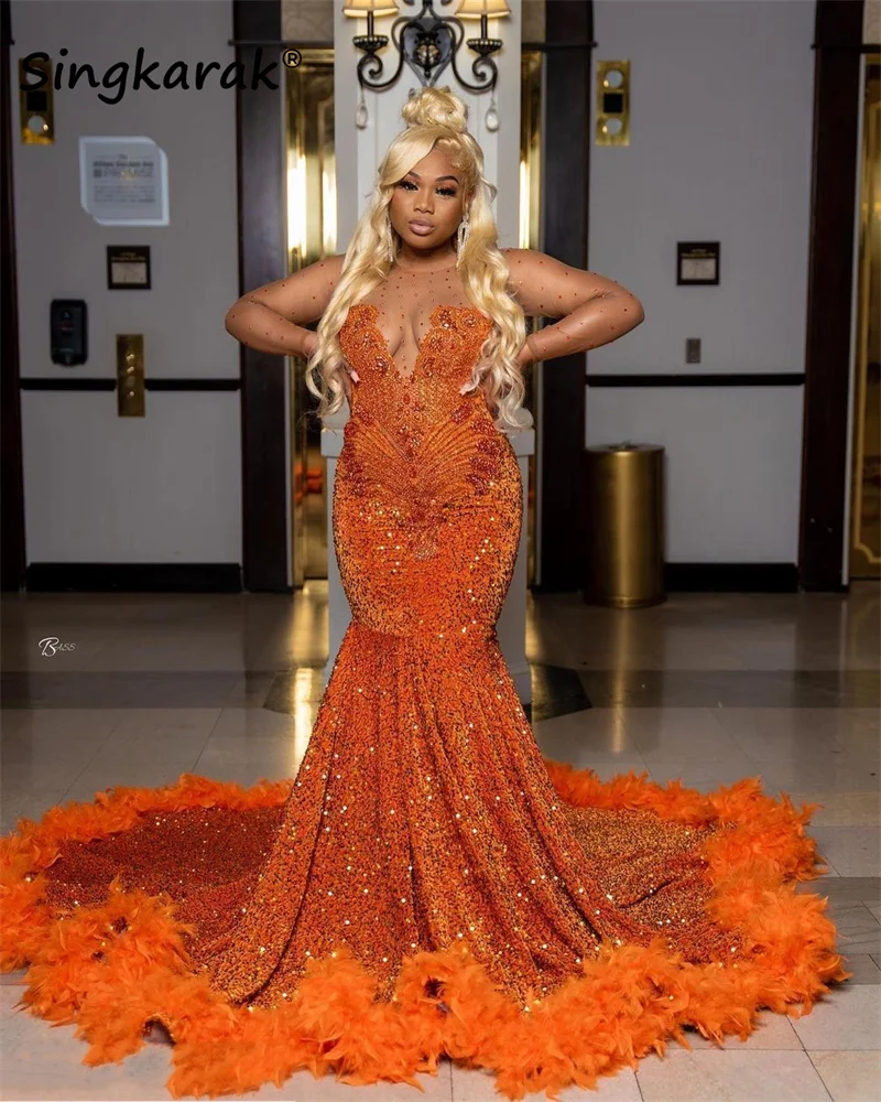 

New Arrival Orange Mermaid Prom Dress 2023 Sparkly Beads Crystal Feathers Sequins Luxury Birthay Party Gown Robe De Bal