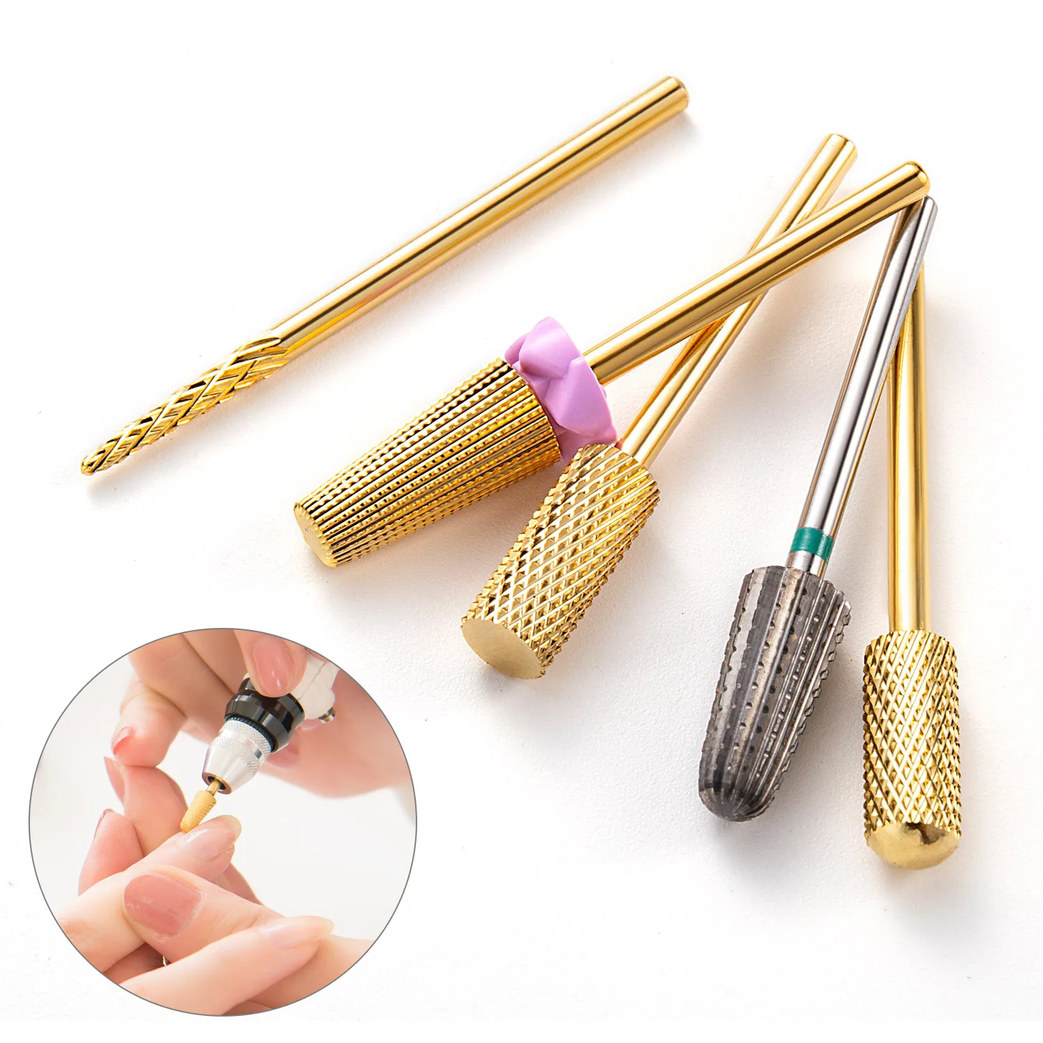 5 In 1 Tungsten Carbid Nail Drill Bits Milling Cutter For Remove Nail Polish UV Gel Tapered Safety End Cut Manicure Tools Golden 2
