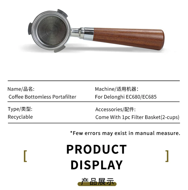 SMARISTA® Portafiltro sin fondo de 51 mm – Compatible con EC680,EC685 – 51  mm portafiltros de acero inoxidable con mango de madera, incluye colador