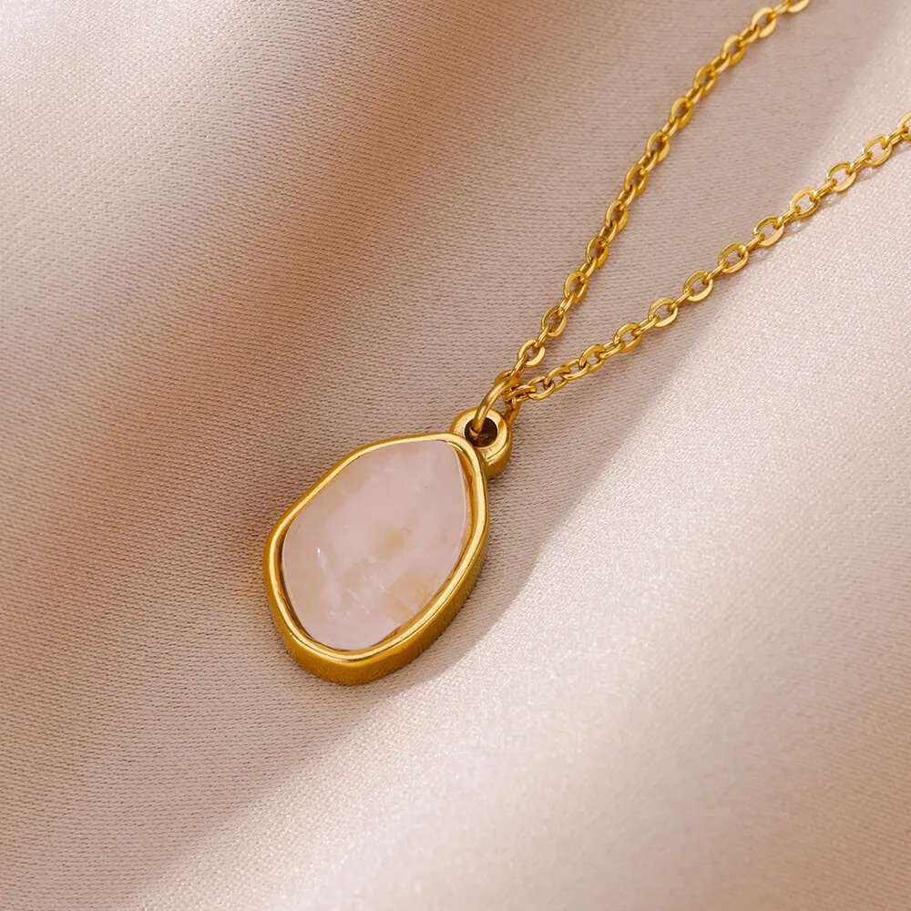Fashion Oval Opal Pendant Necklace Stainless Steel Chain 18 K Gold Color Cute Lucky Jewelry For Women Accesorios Birthday Gift 4