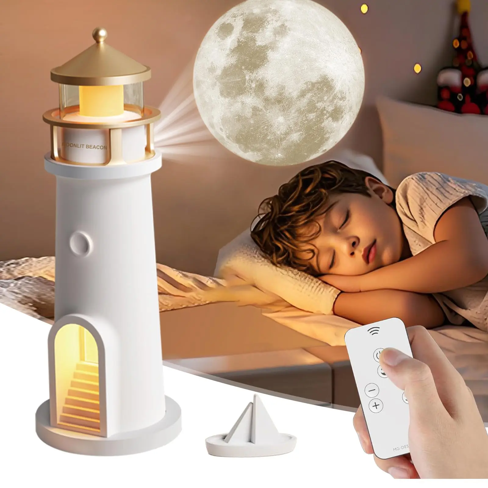 Moon Lamp Projector Lighthouse Lamp Night Light for Kids Bluetooth Music Motion Sensor Cordless Moon Lamp for Bedroom Room