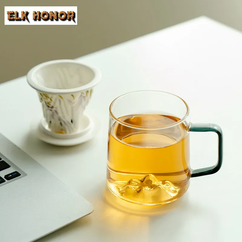 450ML Hand-painted Wisteria Flower Glass Filter Tea Separator Cup Distant Hills Tea Separation Mug With Handle Office Work Mugs