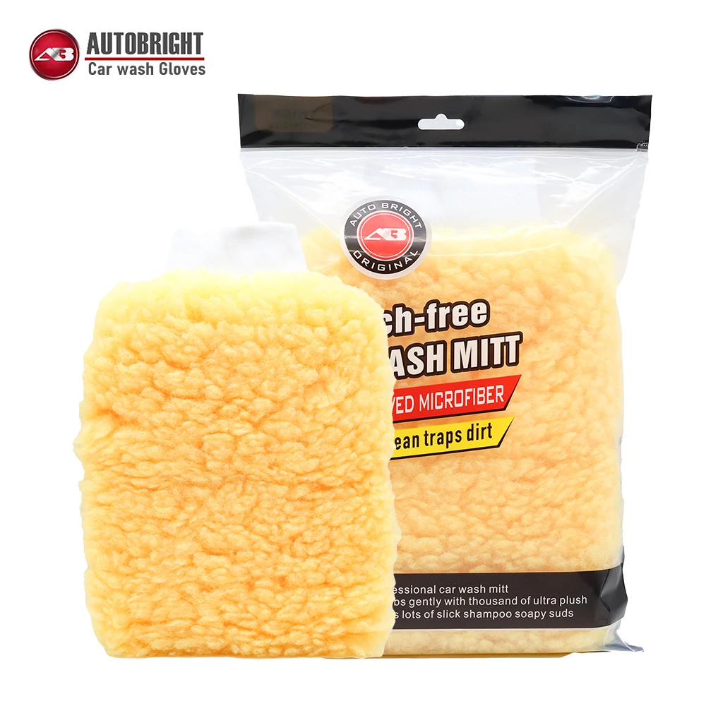AUTOBRIGHT Dual-Sided Yellow Faux Wool Car Cleaning Glove Scratch-Free Soft Durable Interior Exterior Car Accessories Tools car cleaning gloves