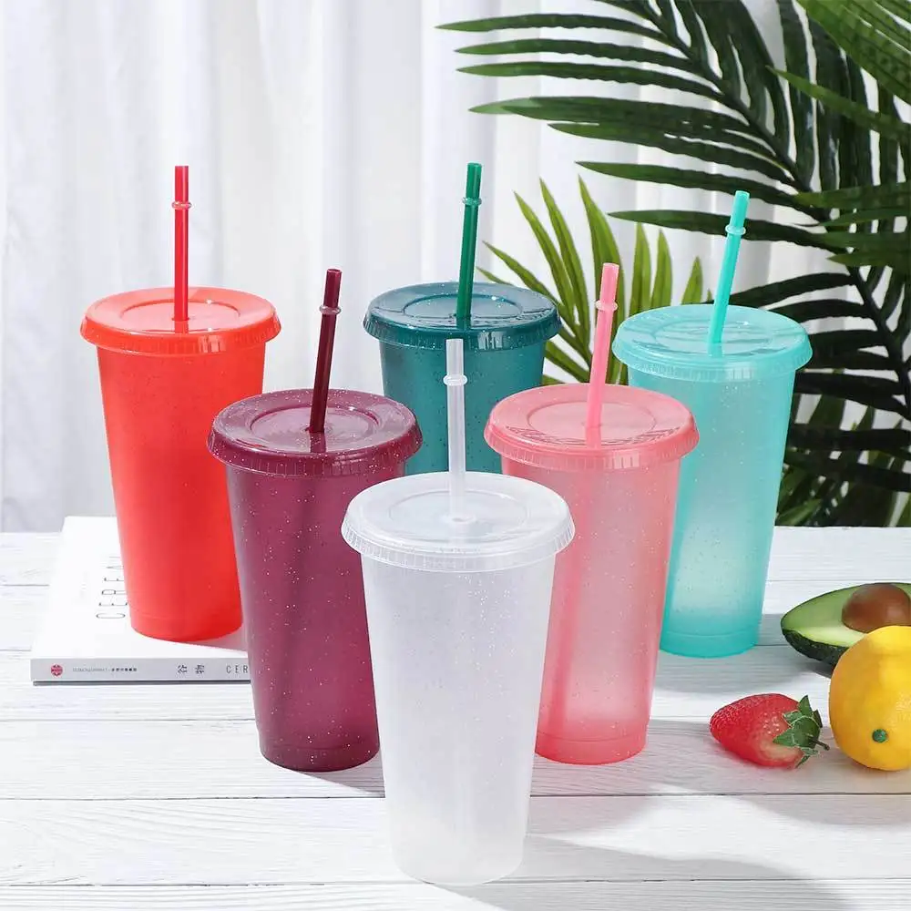 Straw Flash Powder Cup With Straws Lid Plastic Reusable Personalized