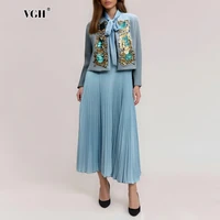VGH Chic Two Piece Set for Women Long Sleeve Spliced Sequins Short Cardigans Scarf Collar Pleated Dresses Elegant Suit Female