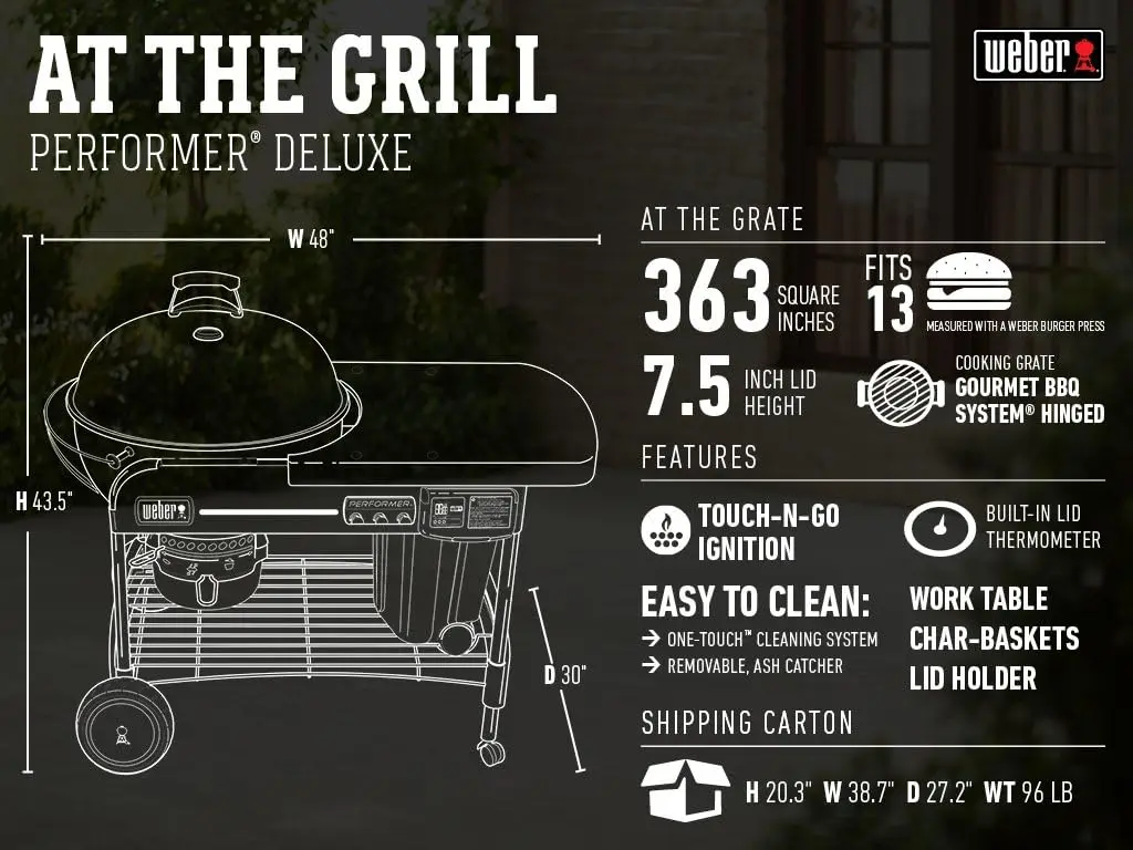 Performer Deluxe Charcoal Grill, 22-InchTouch-N-Go Gas Ignition System,Detachable LCD cooking timer and built-in lid thermometer