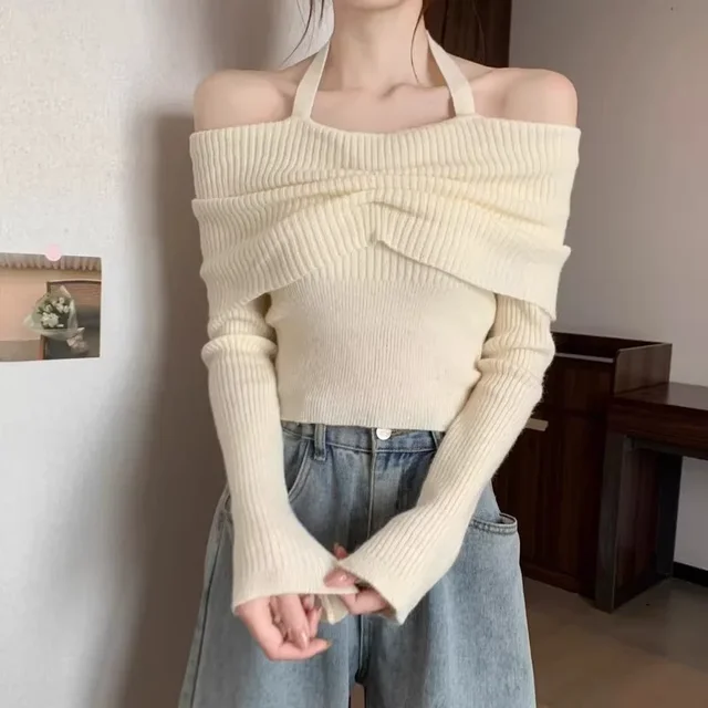 Autumn Winter New French Style Sensibility Off-shoulder Top Women's Versatile Halter Neck Slimming Soft Supple Knit Sweater 1